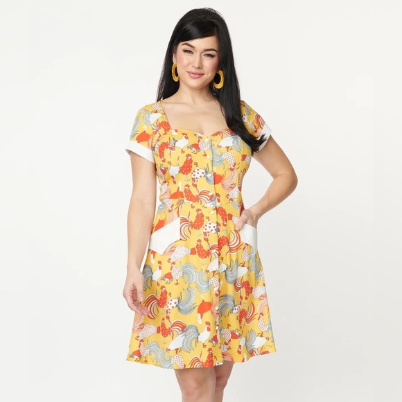NWT Unique Vintage Mustard & Red Rooster Print Fit & Flare Dress Sz 2X/18 - Picture 16 of 16